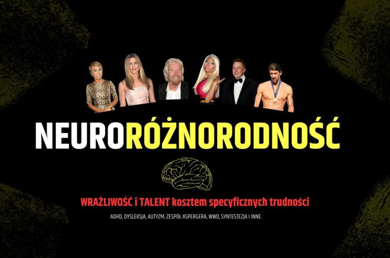 okładka tematu neuroróżnorodność zawierająca sylwetki aktorki, biznesmenów, sportowa i raperki, którzy są atypowi